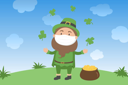 St. Patrick's Day poster. Leprechaun in mask and pot of gold. Vector illustration.