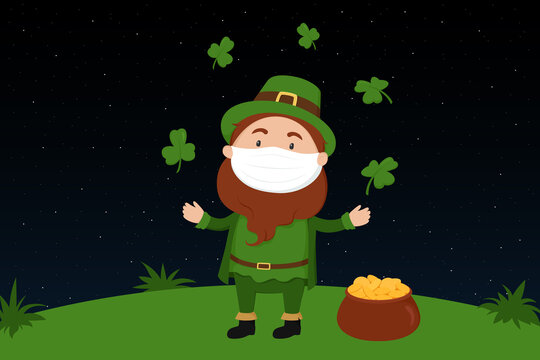 St. Patrick's Day card. Leprechaun in face mask and pot of gold. Vector illustration.