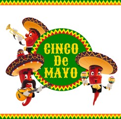 Cinco de Mayo vector icon, jalapenos musicians in mexican sombrero playing guitar, trumpet and maracas. Cartoon Mariachi characters play music, party celebration isolated label with red chili peppers