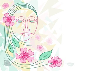 A woman's face, flowers, cherry leaves in an avant-garde style.