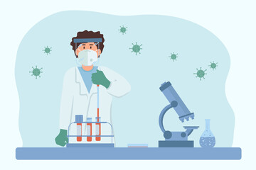The doctor works in the laboratory. A medical research blood test for the virus. Test tubes, syringes, microscopes. Vector illustration of blood diagnostics. Vector illustration