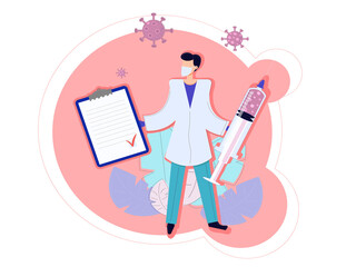 Vaccination preventing coronavirus. Male doctor holding syringe and check list. Flat vector illustration.