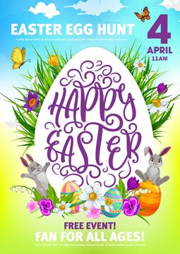 Easter holiday vector flyer with cute cartoon rabbits, decorated eggs, flowers, green blade grass and butterflies. Happy Easter christian spring celebration, invitation for free event with lettering