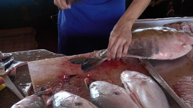 Close up of man fishmonger hands cutting tambaqui fish, Colossoma macropomum, with sharp knife on the cutting board at a market in the Amazon. Concept of business, work, profession, healthy food.