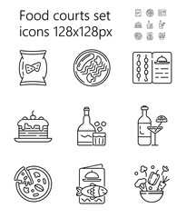 Food court icon set vector. Pizza, alcohol, drinks are shown. Grill, fish, seafood menu. Snacks, salad, torts are presented in outline
