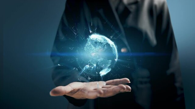 Hologram Flying earth network interface activated by businesswoman. 3D rendering

