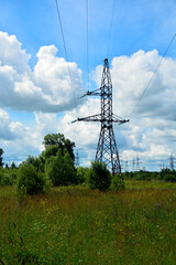 Power line in the countryside. High voltage electric pole close-up. Electric station supplying electricity to the city. Vertical background.
