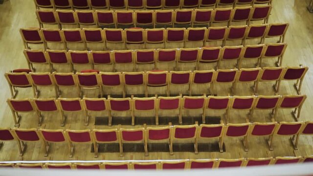 Opera Theater Red Velvet Seats Empty Before The Perfomance During COVID Pandemic Quarantine. Limited Seating Options. Row Of Seats Blocked