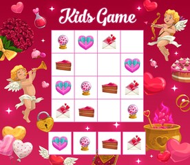Kids game vector riddle with Valentine holiday cartoon cupid characters, hearts, letter, souvenir, sweets, pie on chequered board. Educational children boardgame task, crossword teaser for sparetime