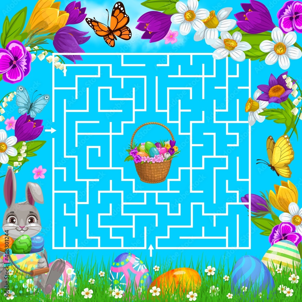 Poster kids maze game help easter bunny choose right way to get eggs basket in square labyrinth center. vec