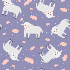 Cute cartoon sheep with pink clouds. Seamless pattern