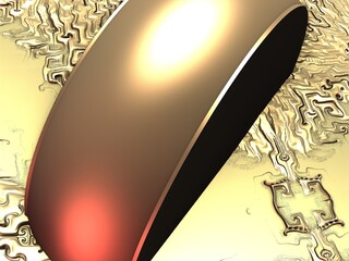 an abstract gold ring sticks out of a plate with metal patterns