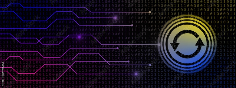 Poster update sign with information connecting lines on binary code background - internet technology concep