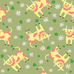 Cute cartoon cow with flowers and leaves. Seamless pattern
