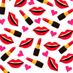 Obraz premium Background pattern with red lipstick, lips and hearts 
