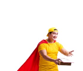 Super hero delivery guy isolated on white