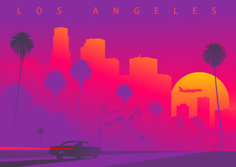 Cityscape of Los Angeles during the sunset with the huge sun. A car is driving towards downtown LA. Colorful vector illustration (original, not derived image) - obrazy, fototapety, plakaty