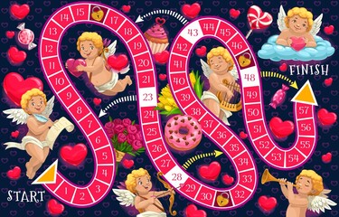 Kids board game vector template, Valentines day step boardgame with block path, numbers, start, finish and cartoon Cupid characters and hearts educational children riddle, family or preschool activity