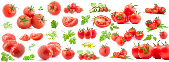 Collection of tomatoes isolated on white background