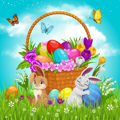 Easter basket with flowers, painted eggs and bunnies on green lawn with flying butterflies under cloudy sky. Cartoon vector pottle with pansies, crocuses, rabbits on field. Happy Easter holiday gift
