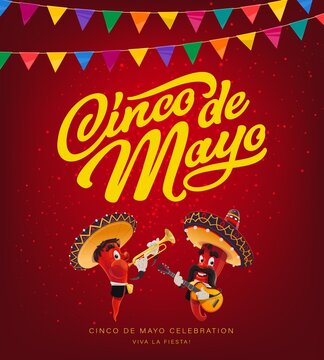 Cinco de Mayo red pepper mariachi with sombrero, vector Mexican holiday. Chilli or jalapeno characters of fiesta party musicians with guitar and trumpet, festive bunting flags garland, greeting card