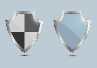 Shield with glass front side. Blank transparent blue glass panel with reflection and glow. Security and warranty icon. Armor empty plate. A shield with shiny silver border. Vector