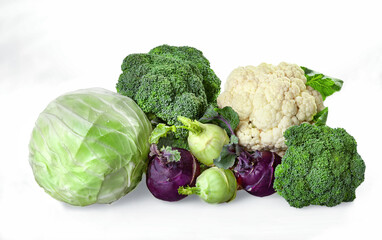 Cabbage on isolated background. Different kinds of cabbage: white cabbage, cauliflower, broccoli, kohlrabi