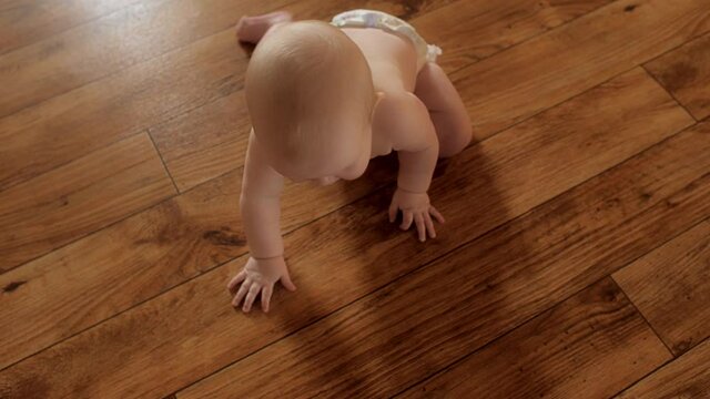 Funny newborn toddler in diaper crawling on wooden floor at home playful energetic little kid