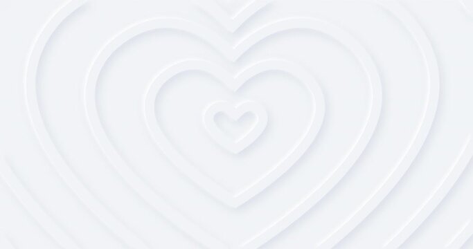 White hearts move from center with soft 3d shadow. Light pure love. Animated seamless loop background. Happy Valentine's Day. Gift digital card. Cute beautiful wallpaper. Mother's day. Happy Birthday