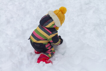 Naklejka premium A little girl in a winter jumpsuit rolls a ball of snow in winter.