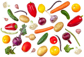 Assortment of fresh vegetables on white background, top view. 
