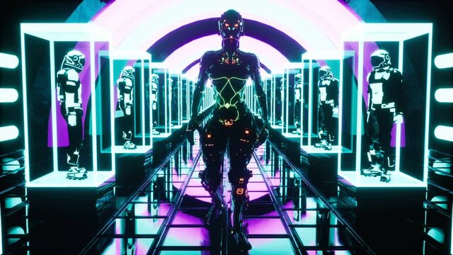 A glowing alien walks along a neon corridor with astronauts sitting in cages. Glowing neon tunnel animation for vj, dj or science fiction backgrounds.