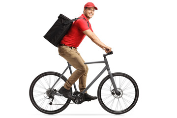 Food delivery man with a bag on a bicycle