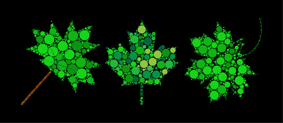 Abstract green maple leaf. Spring foliage made with dots. Decorative dotted canadian symbol set. Great for elegant and decorative greeting or celebration card. Vector illustration isolated on black.