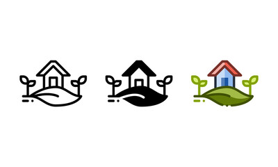 Green home icon. With outline, glyph, and filled outline styles