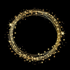 Round gold frame with golden glitter and sparkles. Vector illustration.