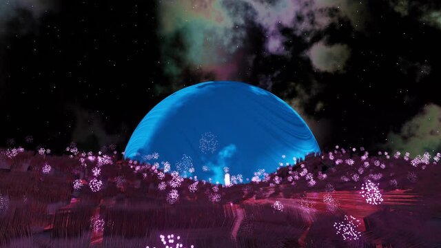 An alien planet in distant space hangs over another planet with wonderful vegetation. 3d rendering.