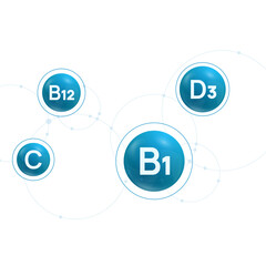 B1, B12, C, D3 vitamins complex. Vector blue background with molecular structure.
