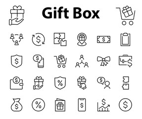 Set of business vector line icons. It contains user symbols, dollar pictograms, gears, briefcase, puzzles, envelope, percentage, messages, schedule, and more. Editable Bar 480x480 pixels.