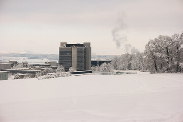 ETH University campus Honggerberg snow covered hills and modern building winter scene