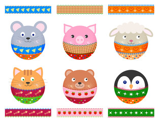 Kawaii animals, cute faces in circles with ears: mouse, pig, sheep, cat, bear, penguin. Balls and seamless patterns to decorate cards, banners, invitations, scrapbooking stuff. Nice cartoon set