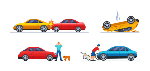 Road traffic accident. Car damaged vehicle transportation. Cyclist fell off bicycle colliding with car. Collision of cars, hitting an animal. Auto accident, motor vehicle crash