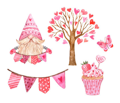 Set of cute illustrations with watercolor Valentines day heart tree, cute gnome, flags garland, pink cupcake, butterfly, , isolated on white background. Hand painted graphic. Cartoon style.