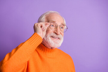 Profile photo of aged man arm touch eyewear look empty space toothy smile isolated on violet color background