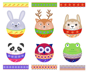 Cute animals, round faces with ears: hare, deer, lama, panda, owl, frog. Collection of balls and seamless patterns to decorate cards, banners, invitations, covers, stationary. Nice cartoon style
