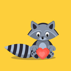 Cute raccoon on yellow backgrounds. Vector illustration.