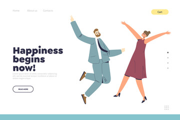 Obraz premium Business achievement concept of landing page with couple of businesspeople jumping with happiness