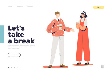 Take a break concept of landing page with young couple holding coffee to go and talking