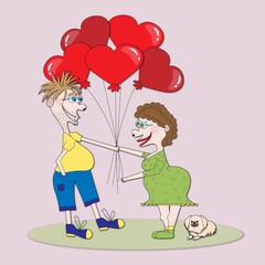 lovers man and woman with balloons and a dog