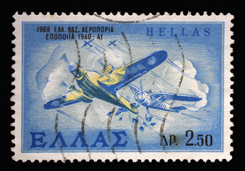 Stamp printed in Greece shows WWII real airborne fight over Langadas, circa 1968